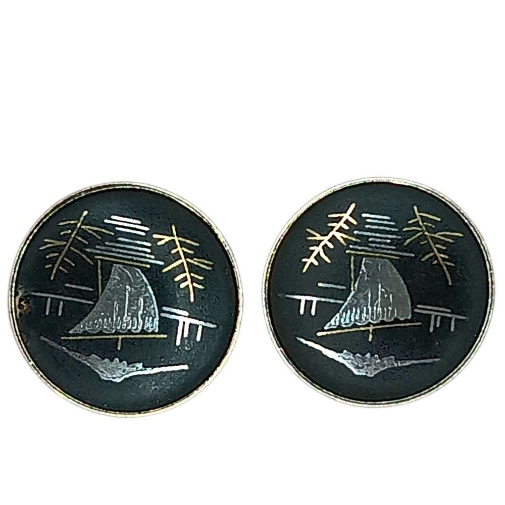 Vintage Pair Amita Damascene Round Screw Back Earrings Japan Sailboat